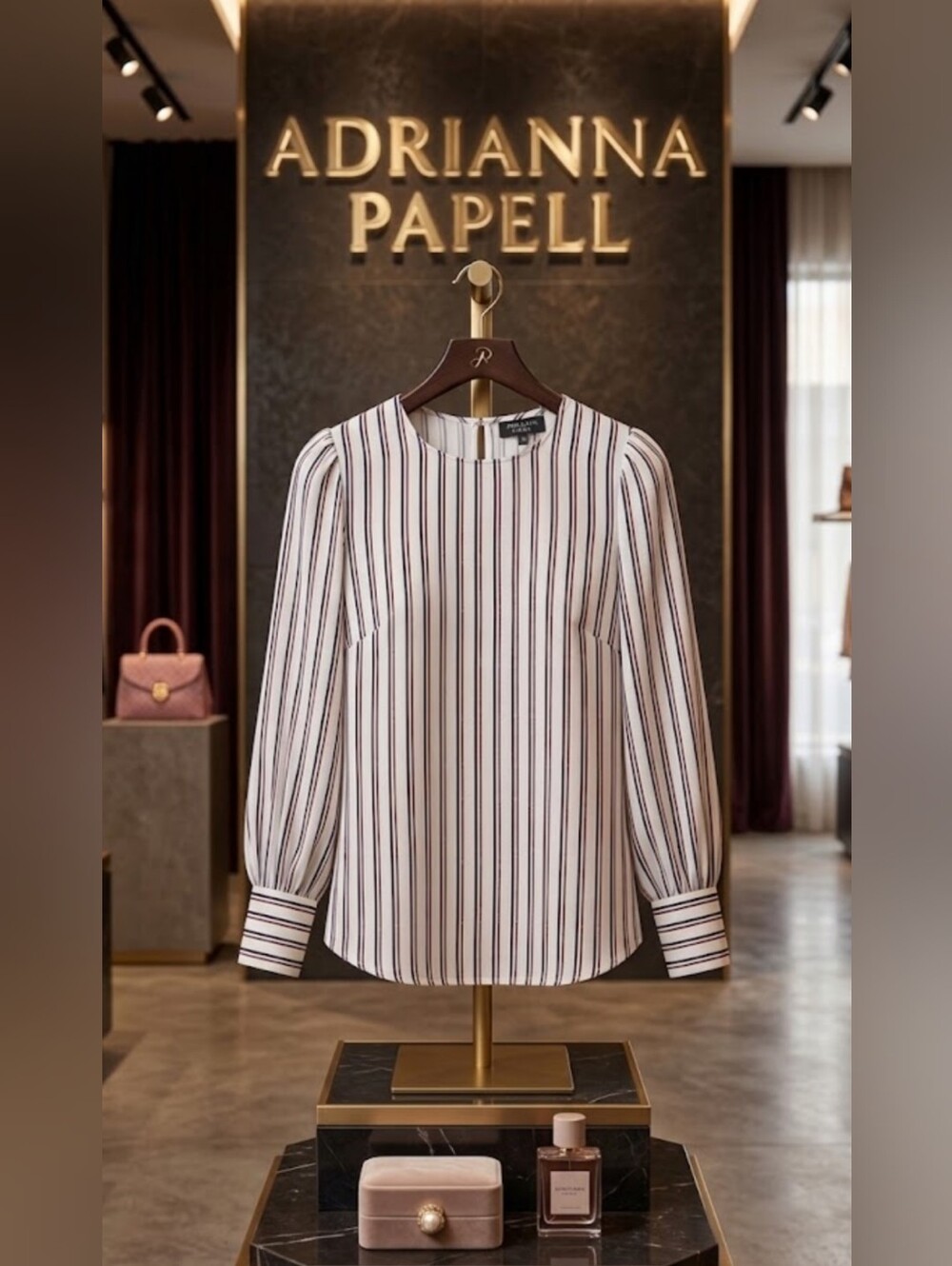 NWT Adrianna Papell Striped Puff Sleeve Blouse Size L